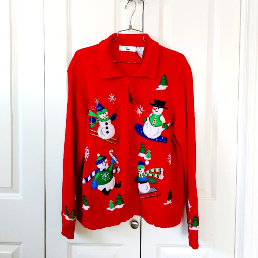 Snowman & Snowflake Beaded Red Embroidered Cardigan Ms. Lee L‎ Frosty Christmas